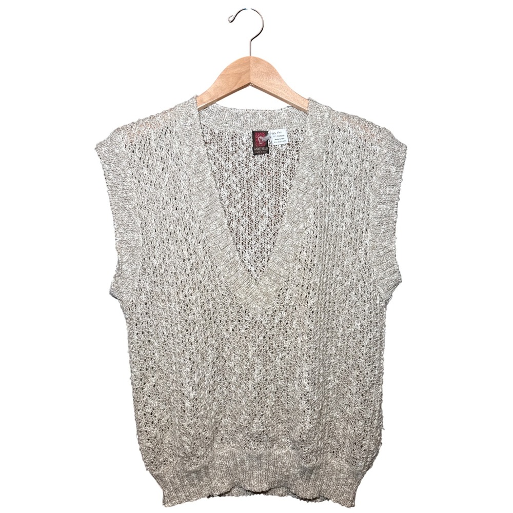Anne Klein Made in Italy Flax Cotton Knit Sweater Vest V-Neck Sleeveless Medium